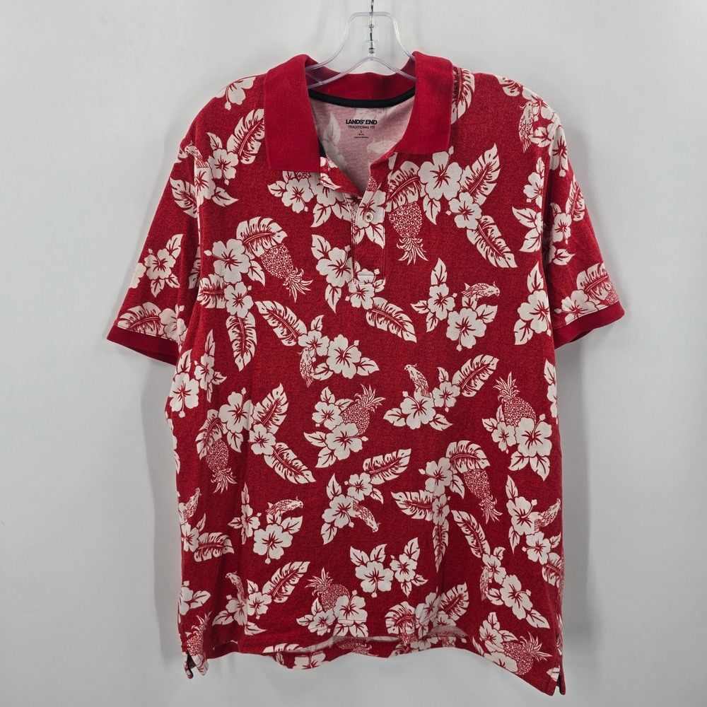 Lands End Mens Red Tropical Floral Pineapple Polo Shirt Large Traditional Fit